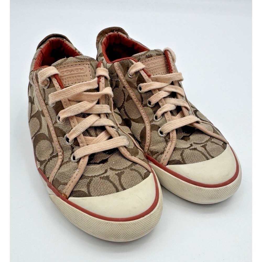 Coach Womens 7M Sneaker Barrett Brown Tan Signature Canvas Logo Lace Up Luxury